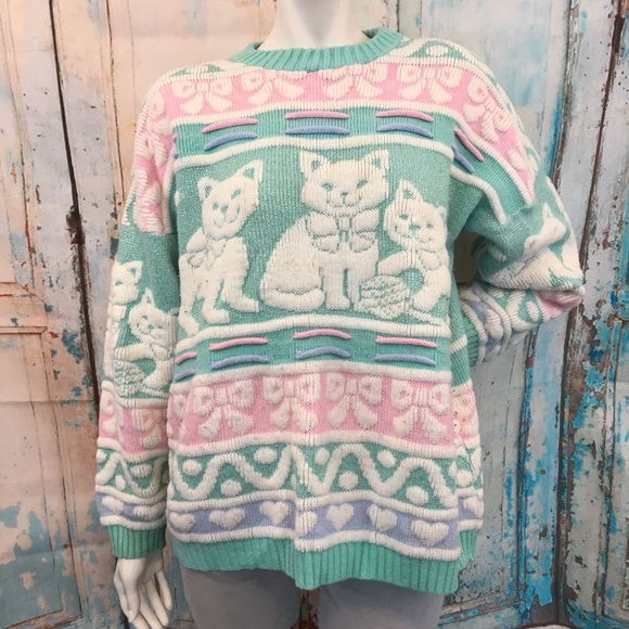 Vintage Rose Cat Sparkly Pastel 8s 90s 